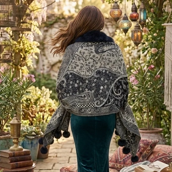 Kashmiri Wool Shawl - Embroidery Accent with Faux Fur at Collar - Picture 4 of 9